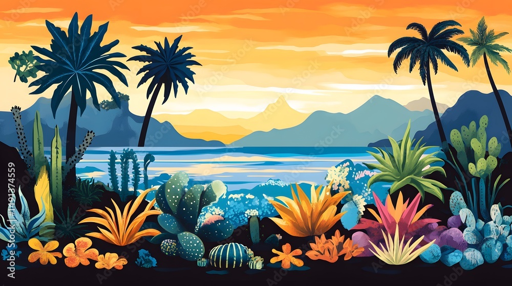 Fototapeta premium Sunset Tropical Landscape with Palm Trees and Succulents