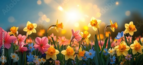 Colorful wildflowers blooming under a bright sunlit sky with a warm golden glow creating a cheerful and vibrant springtime atmosphere