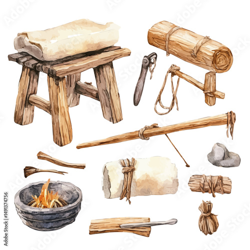 Handmade Wooden Bow Drill Fire Kit, watercolor drawing vector, high quality, isolated on a white background.