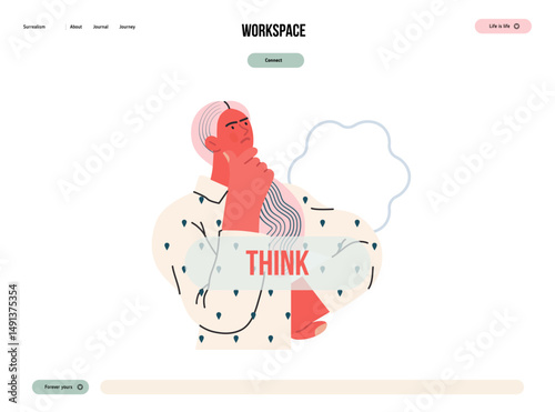 Thinking people, modern flat vector concept illustration- woman standing thoughtfully, looking upwards, bubble near head Metaphor for reflection, analysis, introspection, contemplation, deep thought
