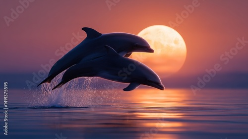 Fototapeta Naklejka Na Ścianę i Meble -  Silhouettes of dolphins leaping during sunset over a full moon.