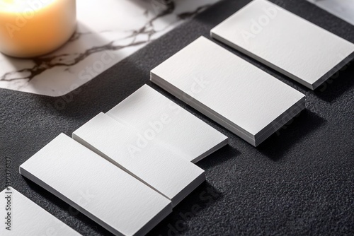 Stacks of blank white business cards neatly arranged on black textured surface with a lit candle and marble background creating a professional and calm atmosphere