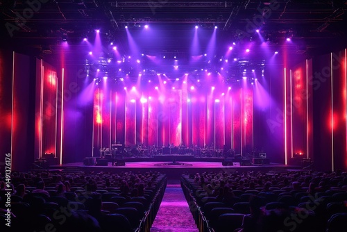 Large concert stage with purple and red lighting illuminating vertical panels and empty audience seats in a theater