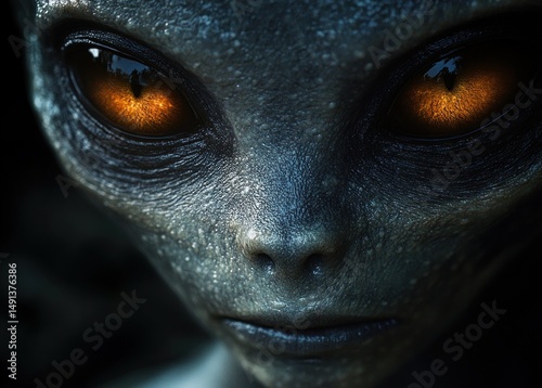 Close-up of an alien face with textured grayish skin and large glowing amber eyes showing intense and mysterious emotion