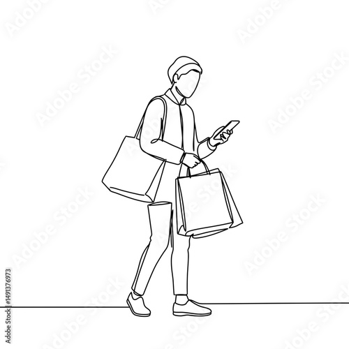 Man shopping while walking and using smartphone in minimalist style  