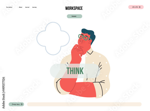 Thinking people, modern flat vector concept illustration- man standing thoughtfully, looking upwards, bubble near his head Metaphor for reflection, analysis, introspection, contemplation, deep thought