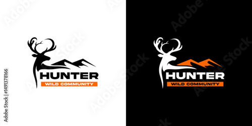 Hunter wild community  logo design featuring a mountain, deer and turkey in negative space style.