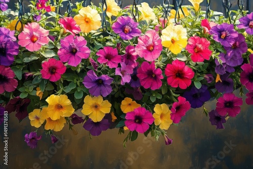 Vibrant hanging basket filled with colorful petunias in shades of pink, purple, yellow, and red creating a cheerful and lively display