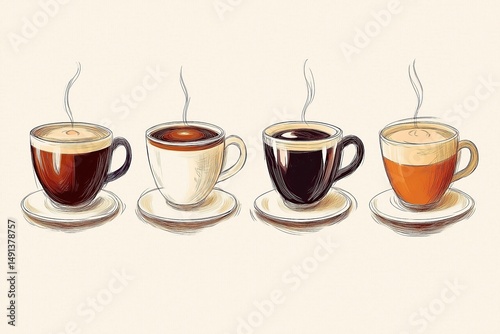Drawing of coffee cups with saucers on a beige background