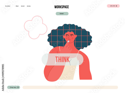 Thinking people, modern flat vector concept illustration- woman standing thoughtfully, looking sideways, bubble near head Metaphor for reflection, analysis, introspection, contemplation, deep thought