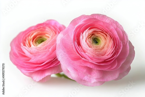 Close-up of two vibrant pink ranunculus flowers with delicate layered petals and soft gradients against a white background conveying freshness and beauty