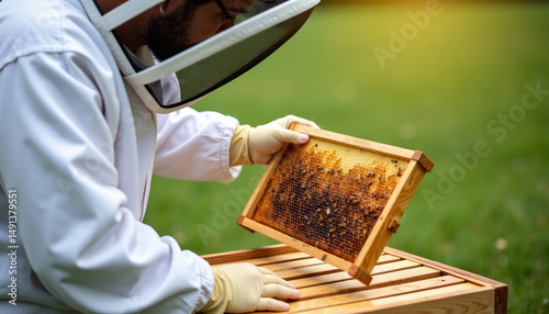 Beekeeper Lifting Beehive In Protective Suit