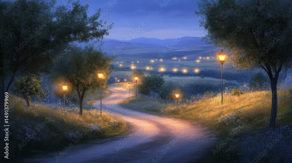 Naklejka premium A winding road in the countryside lit by scattered streetlights, with soft light falling on the trees and grass on a peaceful evening.
