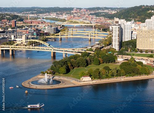 The aerial view of main bridges of Pittsburgh`s downtown and Fort Pitt Park from Mount Washington