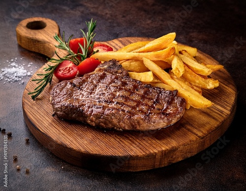 beautiful juicy grilled ribeye steak with golden crispy french fries on rustic wooden serving board restaurant style food photography