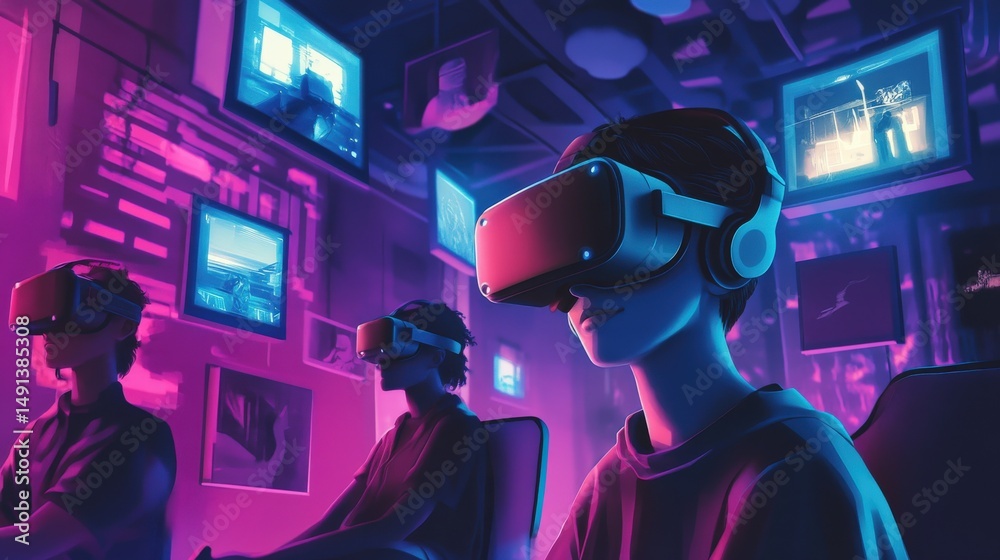 Immersive virtual reality experience in a futuristic gaming room. Immersive virtual reality experience in a futuristic gaming room.