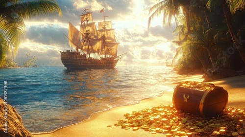 Golden sunlight illuminating a tropical beach with a treasure chest full of gold coins spilling onto the sand and a large sailing ship with billowing sails anchored in the calm sea near palm trees