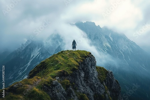Person standing on a rocky, grassy mountain peak surrounded by dramatic clouds and towering fog-covered mountains, evoking a sense of solitude and awe