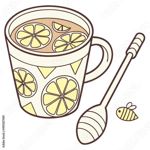 Cute Honey Lemon Water with Spoon - No Background. Perfect for: Winter Wellness Season, Self-care Sunday, Spa Day, Relaxation Retreat