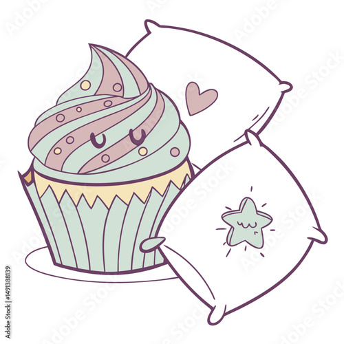 Healing Cupcake Surrounded by Soft Pillows - No Background. Perfect for: Cupcake Day, Sleepover Party, Self-care Sunday