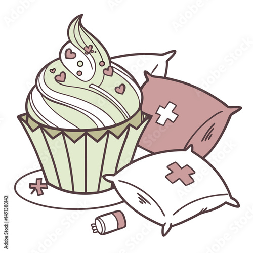 Healing Cupcake Surrounded by Soft Pillows - No Background. Perfect for: Cupcake Day, Sleepover Party, Self-care Sunday