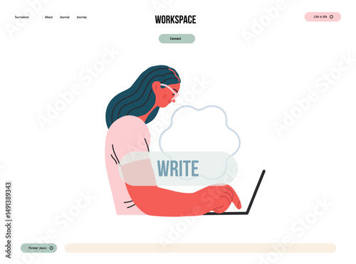 Writing people, modern flat vector concept illustration- sitting woman thoughtfully writing on laptop, bubble near head Metaphor for reflection, personal insight, contemplation, creative expression