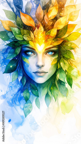 A mythical forest guardian made of leaves and mist, blending into the background in soft watercolor gradients, with glowing eyes