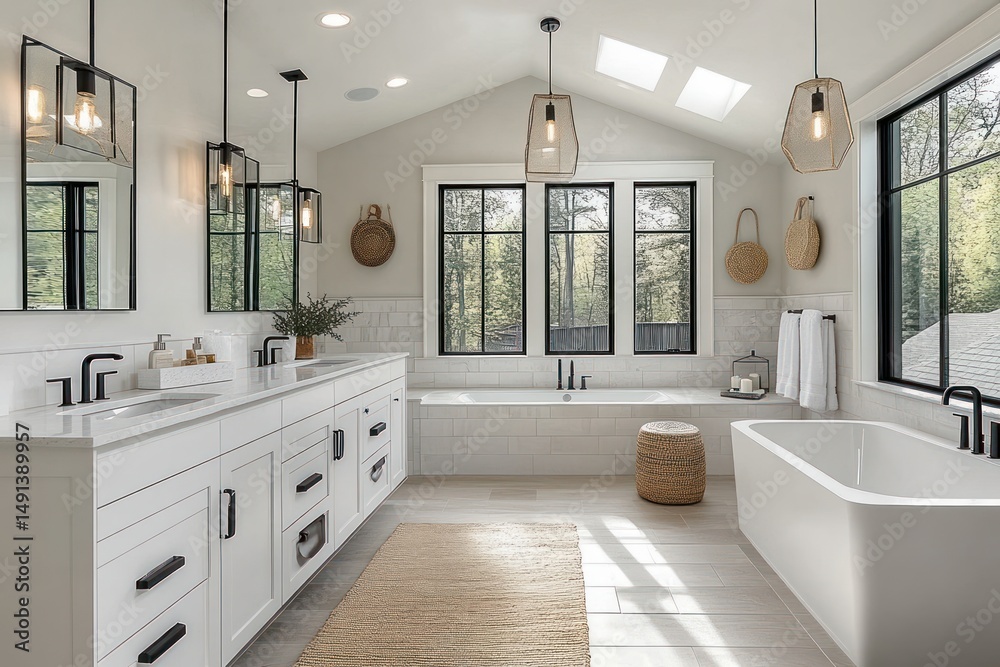 Fototapeta premium bright modern bathroom with large windows, white double vanity, soaking tub, woven baskets, natural light, neutral tones, and minimalist decor