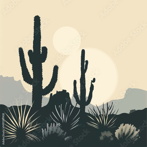 Cacti in a desert landscape. silhouette illustration