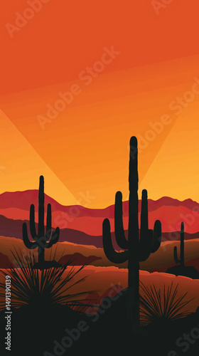 Cacti in a desert landscape. silhouette illustration