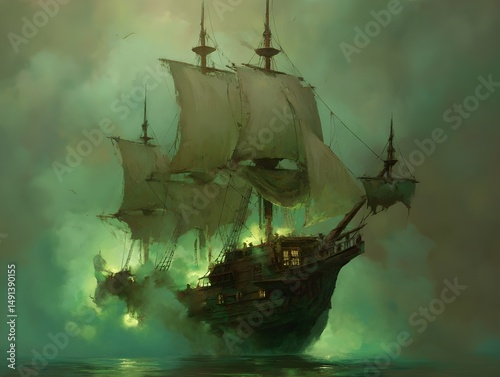 Haunting Spectral Galleon Shrouded In Ethereal Miasma Silhouette Evoking Mysterious Nautical Fantasy And Intrigue Atmosphere