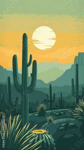 Cacti in a desert landscape. silhouette illustration