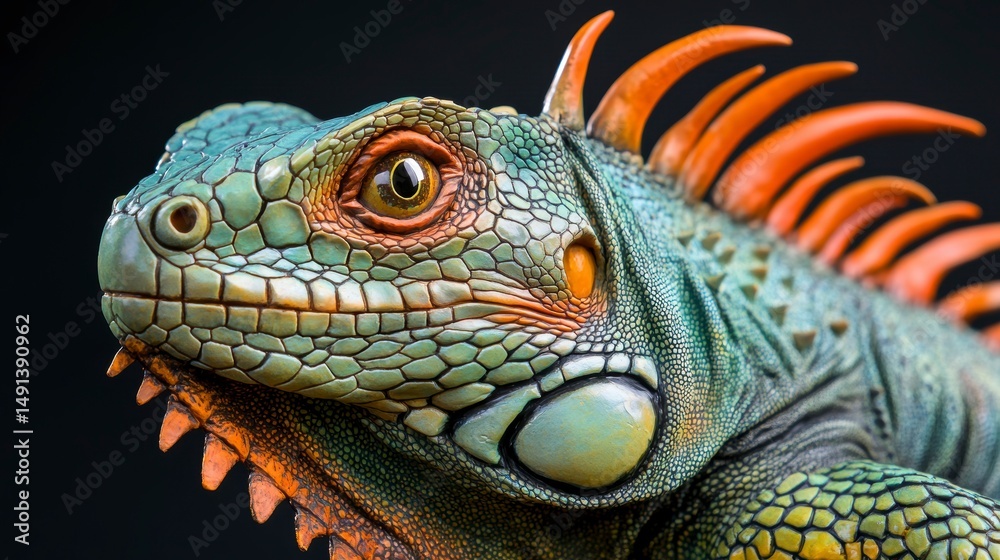 Fototapeta premium Close-up portrait of a vibrant green and orange iguana, showcasing its intricate scales and textured skin against a dark background.