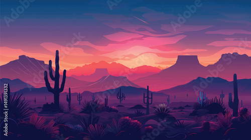 Cacti in a desert landscape. silhouette illustration
