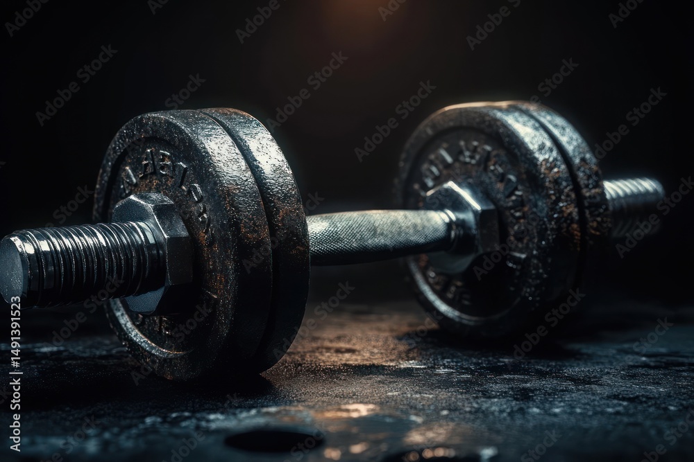 Naklejka premium Close-up of a rusty metal dumbbell on a dark textured surface with focused lighting highlighting its rough details and metallic texture