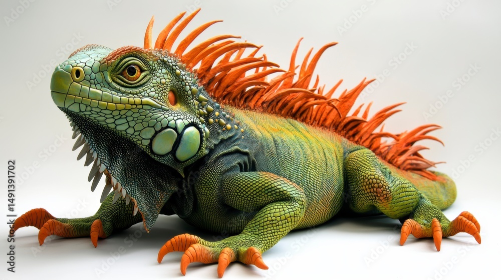Obraz premium Vibrant green and orange iguana sculpture, detailed texture and pose.