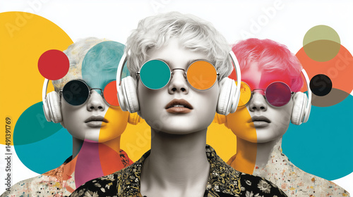 Generation Z triptych with abstract geometric shapes and headphones