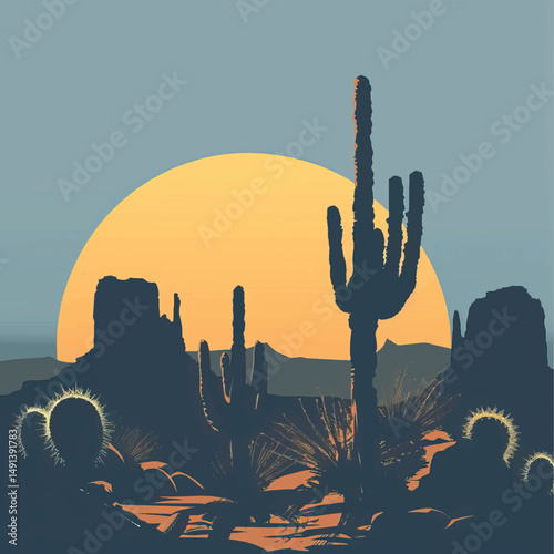 Cacti in a desert landscape. silhouette illustration