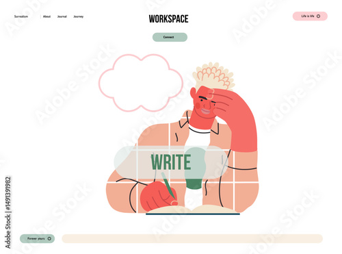 Writing people, modern flat vector concept illustration- sitting man thoughtfully writing on notebook, bubble near head Metaphor for reflection, personal insight, contemplation, creative expression