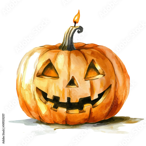 Halloween Jack-o-lantern With Candle, watercolor vector, high quality, isolated on a white background.