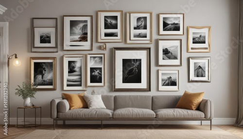 Elegant mix of frame shapes and sizes; a balanced, visually appealing gallery wall setup for home  ,  white,  geometric,  picture