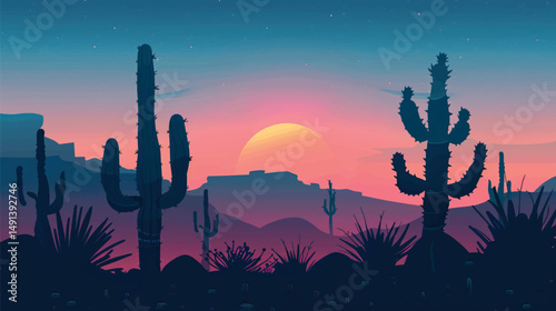 Cacti in a desert landscape. silhouette illustration