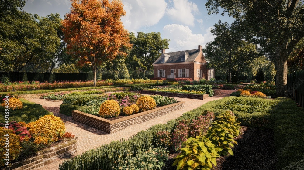 Obraz premium Autumnal Garden Estate: A Serene Landscape Design