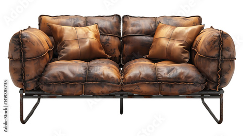 Rustic Leather Tufted Couch Design Isolated on Transparent Background