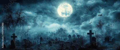 foggy moonlit graveyard with numerous tombstones, barren trees, flying bats, and dark cloudy sky creating eerie and mysterious atmosphere