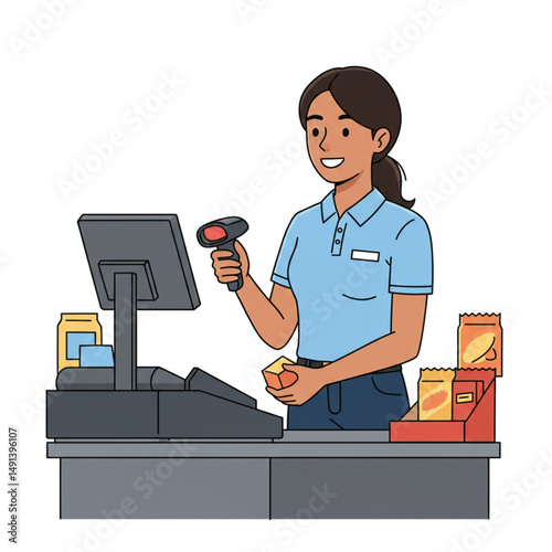 Cashier Working at Shop Counter Vector Illustration