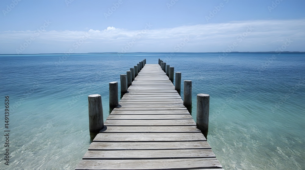 Obraz premium Serene Wooden Dock Extending to Tranquil Ocean Horizon