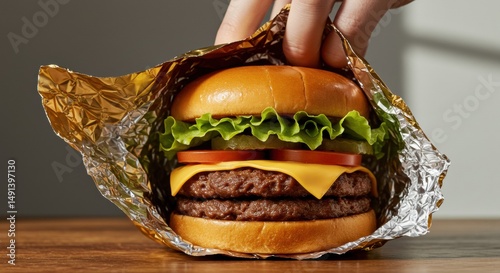 Close-up of a freshly prepared double cheeseburger wrapped partially in foil on a wooden surface