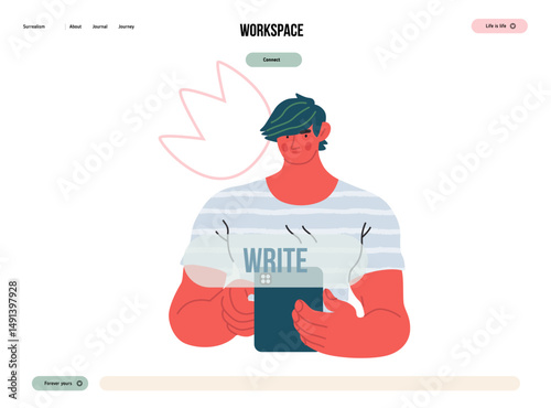 Writing people, modern flat vector concept illustration- standing man thoughtfully writing on tablet, bubble near head Metaphor for reflection, personal insight, contemplation, creative expression