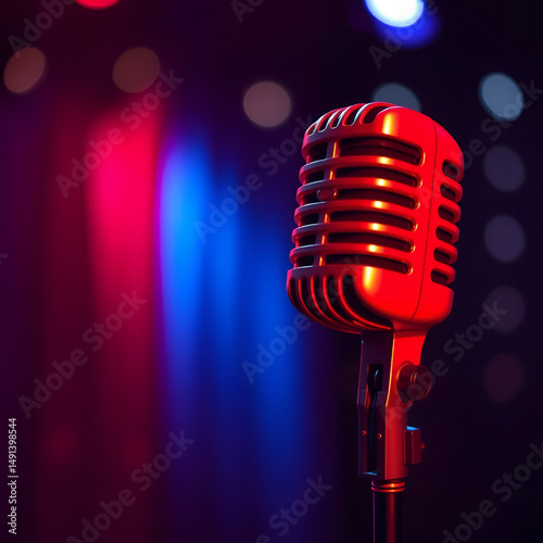 microphone with bokeh light background stand up comedy show karaoke or singing contest background for poster design open mic and jokes show